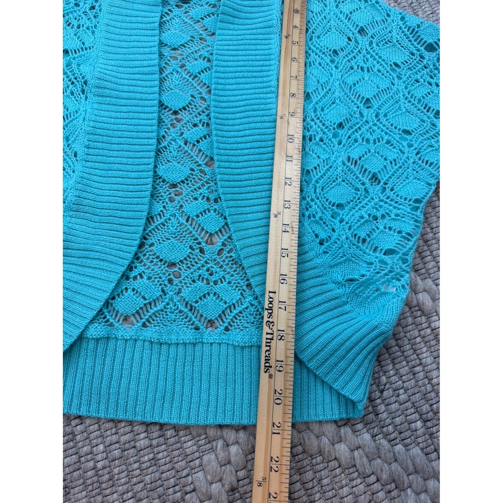 Caslon Cardigan Women M/L Turquoise Wool Blend Pointelle Knit Shrug Short Sleeve - Picture 6 of 7